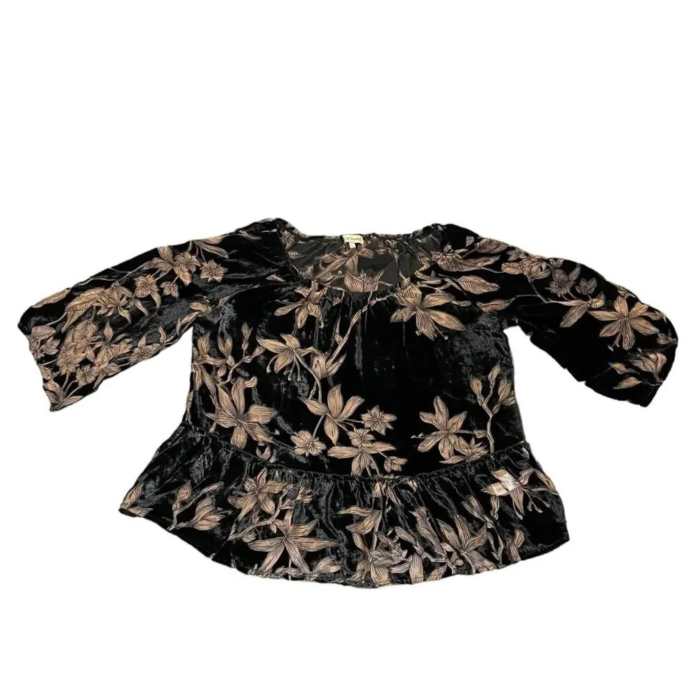 Democracy Floral Velvet Blouse Women's Small Black/Brown Sheer Goth Bell Sleeve